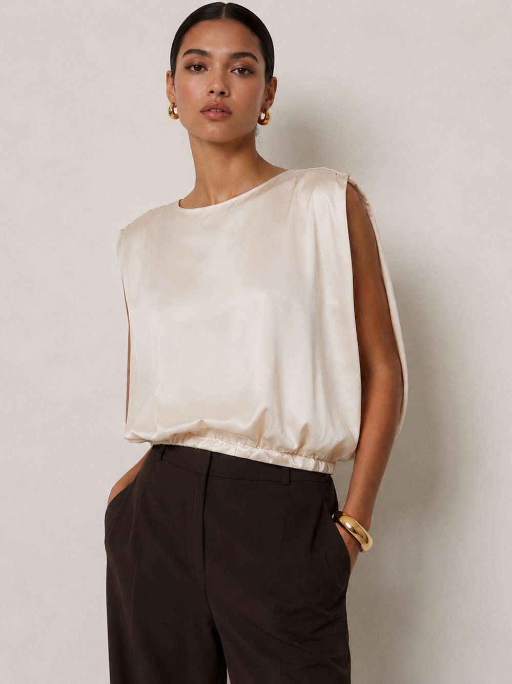 Champagne Ivory Satin Blouson Cape Sleeve Blouse
